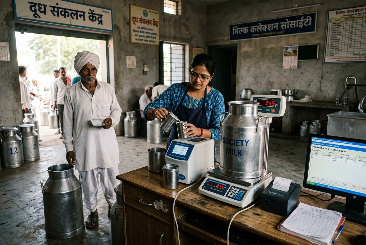 Village milk collection cooperative center with ultrasonic milk fat analyzer, digital electronic scale with milk can and farmer passbook logger
