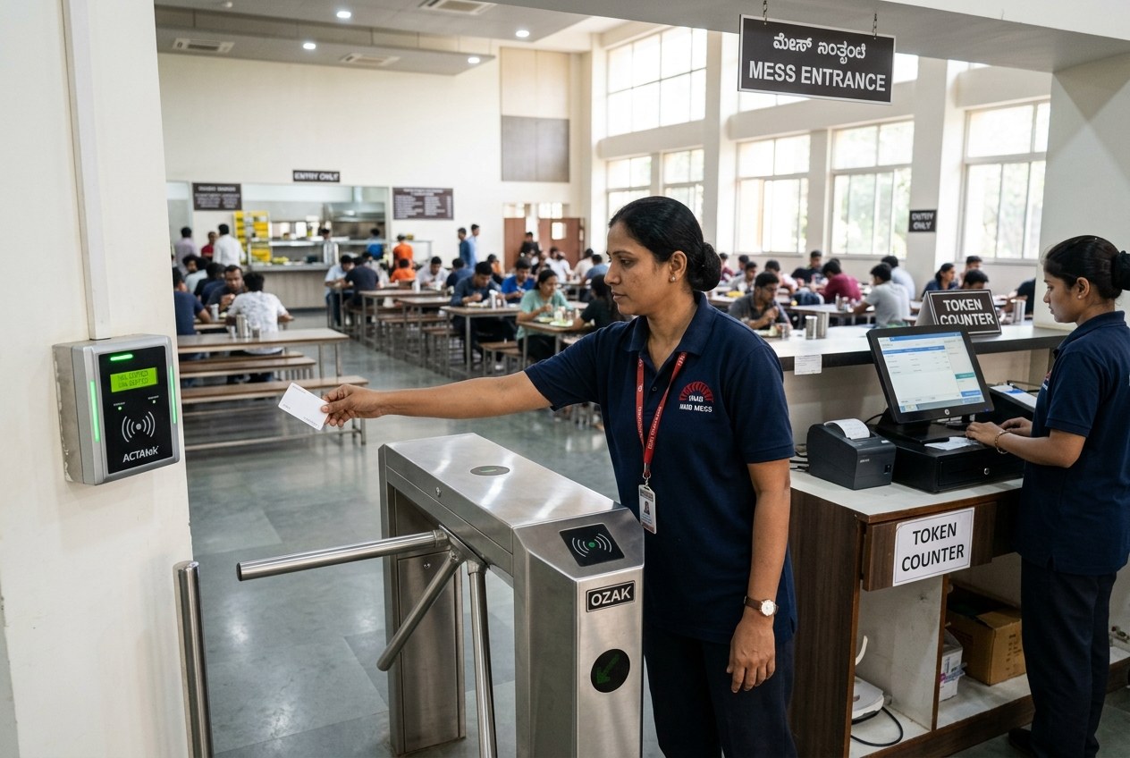 Institutional dining hall entrance with contactless smart card RFID turnstile access control and reception token counter