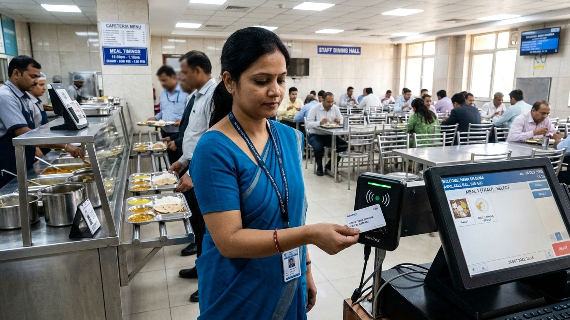 Institutional mess canteen dining counter with staff member tapping RFID smart card at contactless reader connected to JRC POS terminal