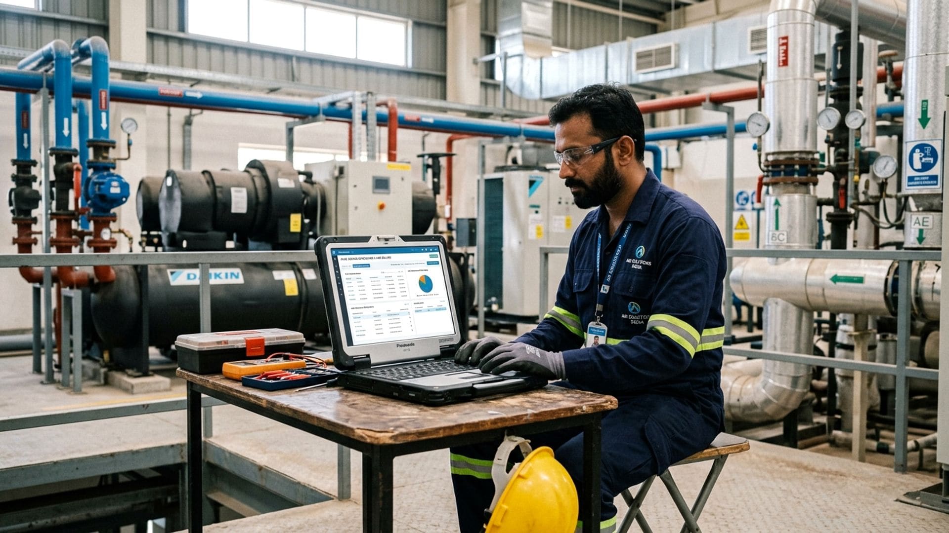 Field service maintenance engineer with laptop displaying JRC AMC contracts and milestone billing