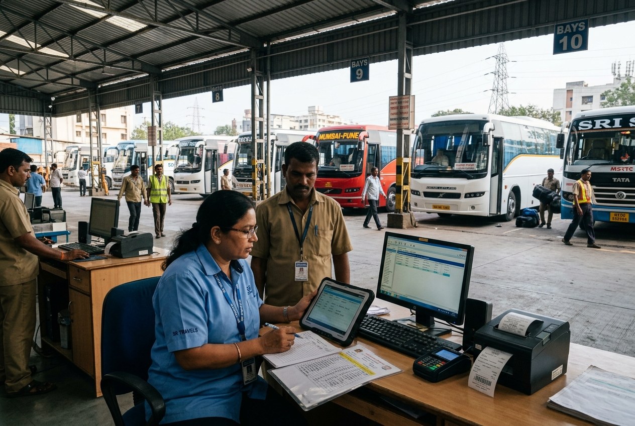 Fleet operations supervisors reviewing intercity passenger bus seat manifest and route logs at bus terminal dispatch counter