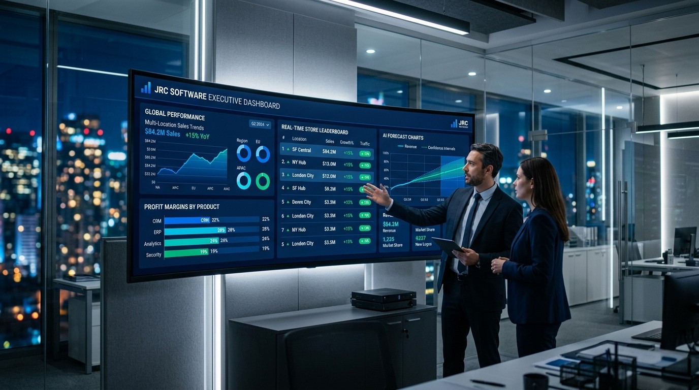 JRC Executive Business Intelligence interface showing real-time turnover charts and sales trends
