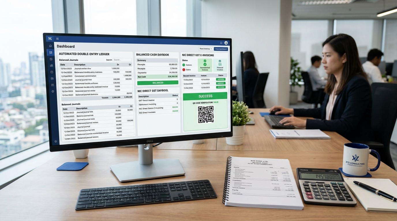 JRC Financial Ledger and Automated Double-Entry Daybook interface showing general accounting vouchers
