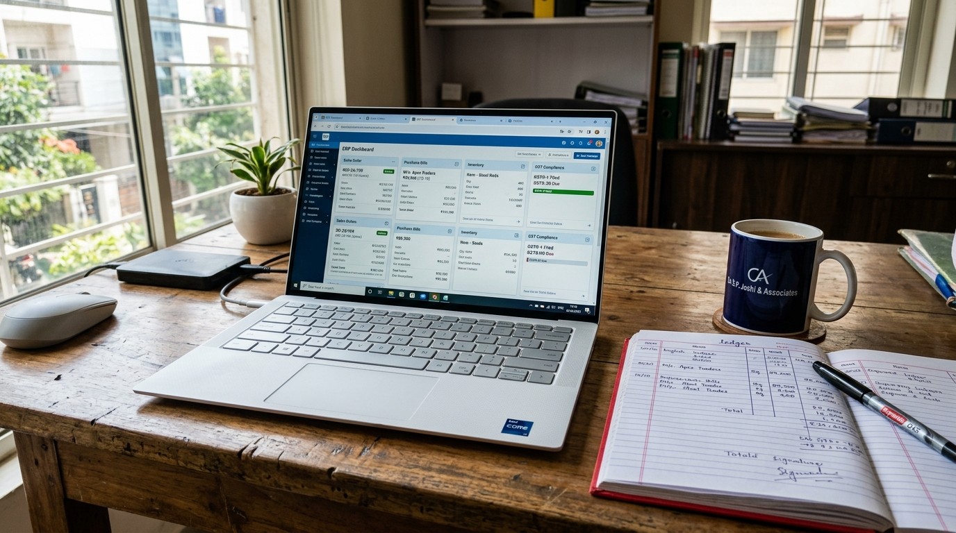 Business owner and IT executive reviewing the JRC Enterprise Unified Platform on a large desktop monitor in an Indian office