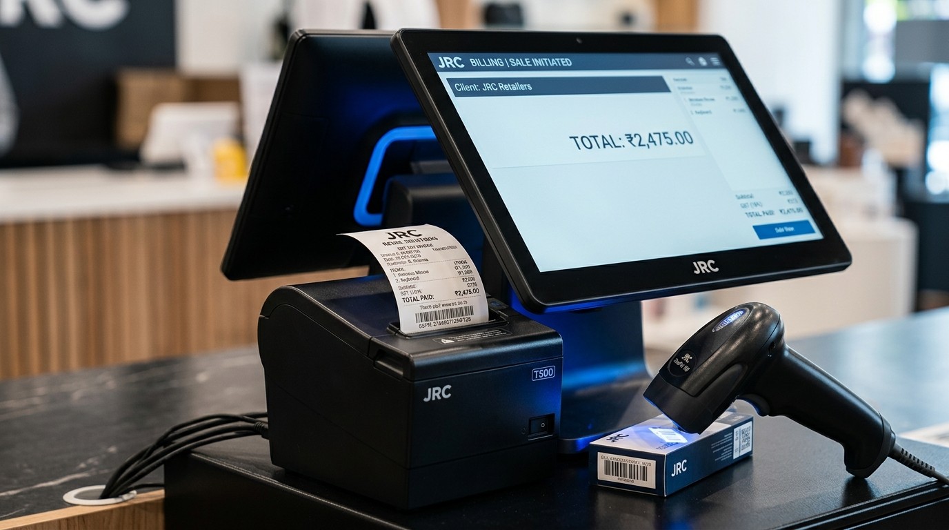 JRC Point of Sale and Billing interface showing itemized cart, price discounts and multi-payment settlement options