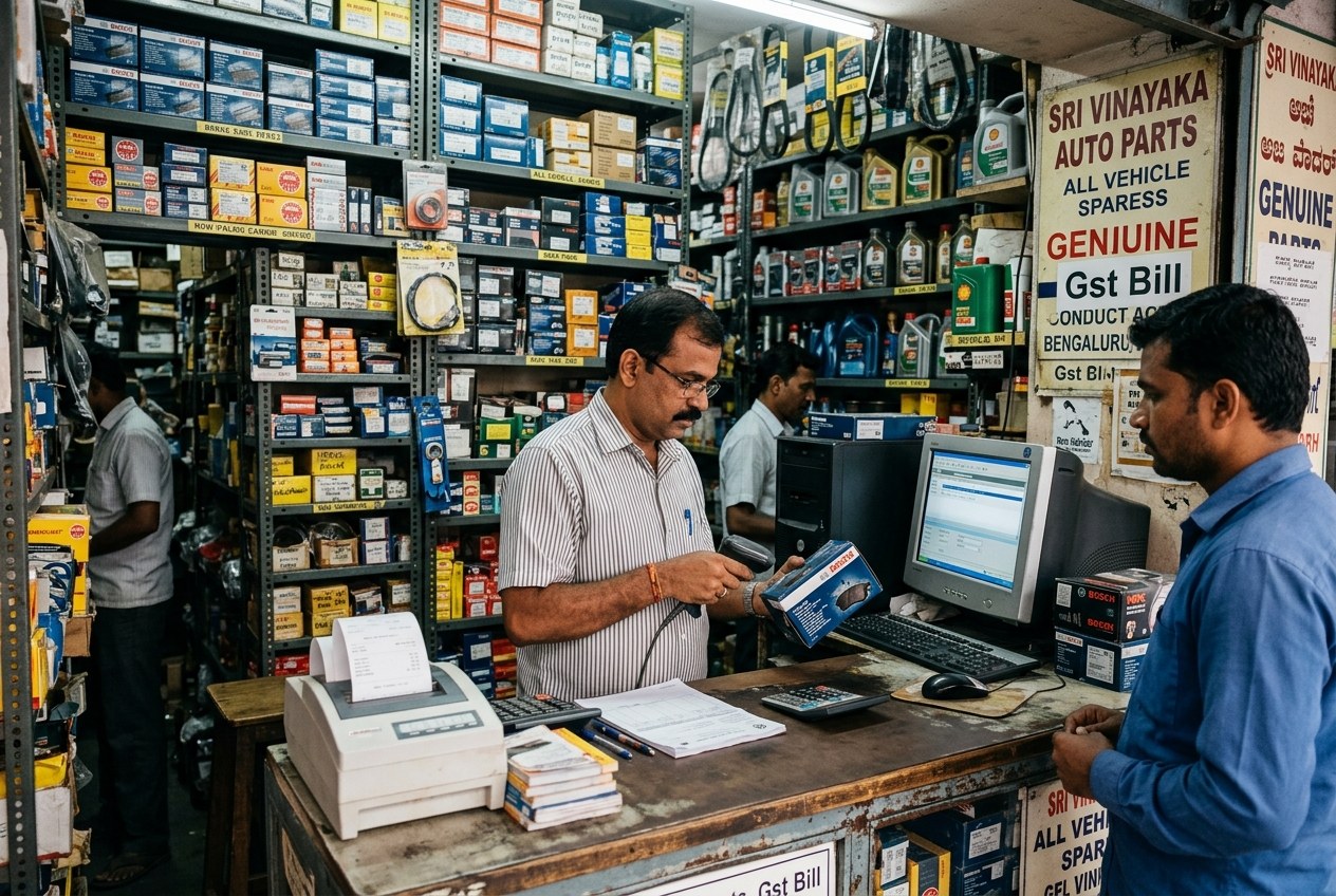 Automobile spare parts retail shop manager scanning part packaging with barcode scanner at computerized billing workstation