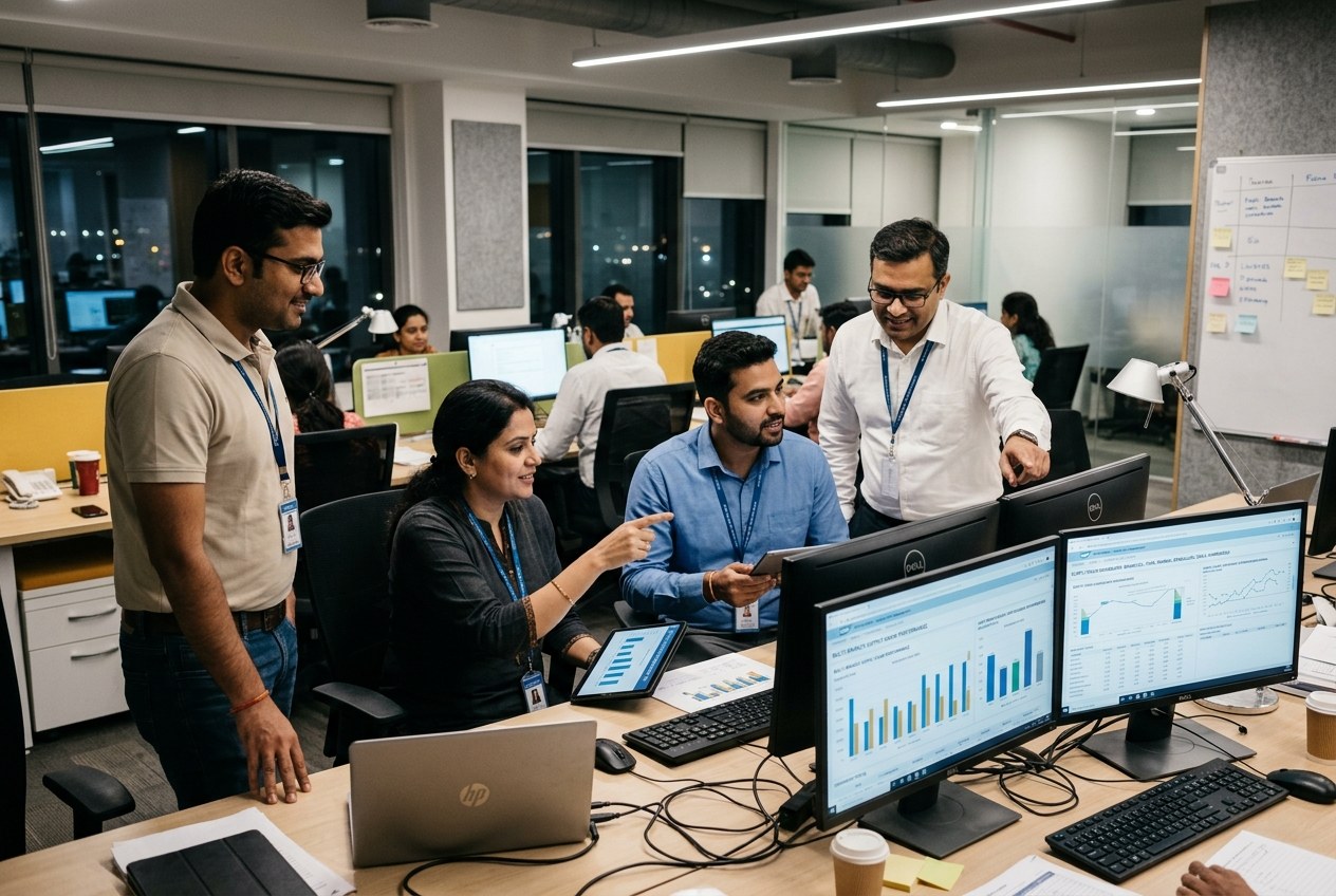Business operations team and IT leadership collaborating on enterprise business software dashboards in a modern office