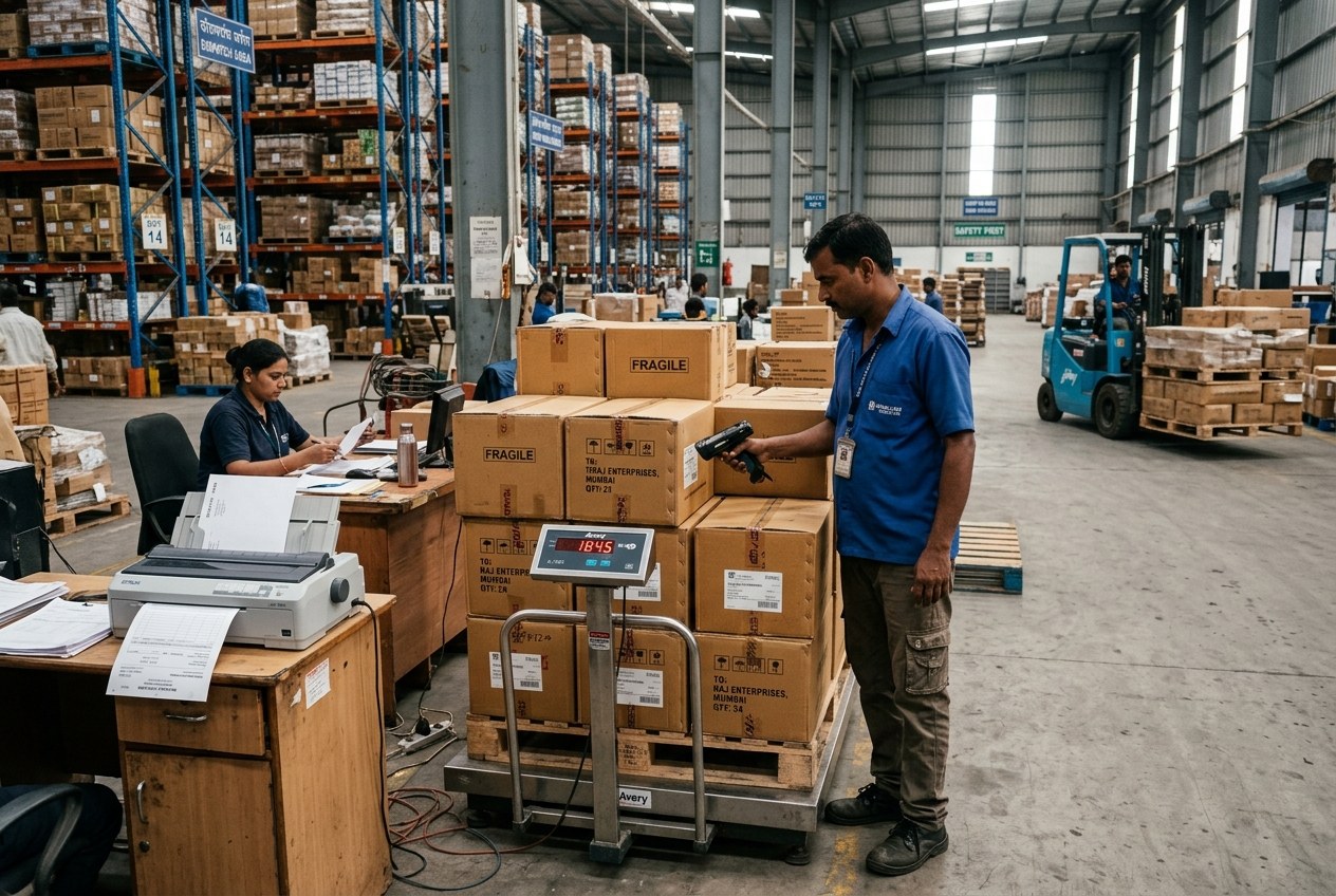 Wholesale distribution warehouse dispatch manager verifying palletized cartons with digital floor scale and barcode scanner